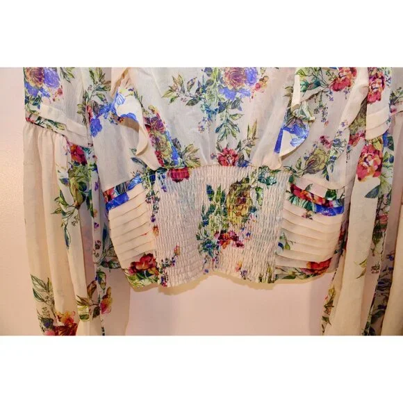 BKE NWT Womens Medium Top Floral Sheer Peach Balloon Sleeve Ruffles Cottage Core - Picture 4 of 10